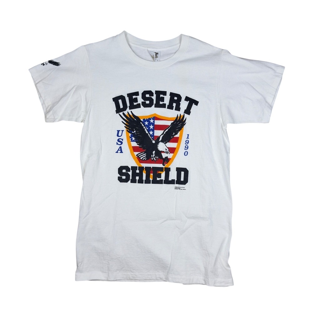 Vintage 1990 Desert Shield USA Eagle T-Shirt Men's Large White Single Stitch Tee